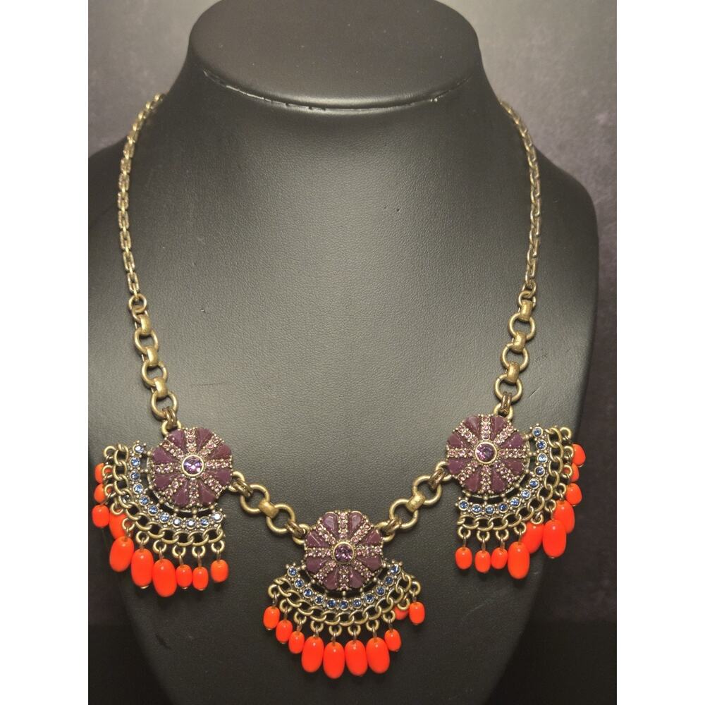 J.Crew Statement Necklace Purple Floral Beads Crystal Fringe Boho Glam